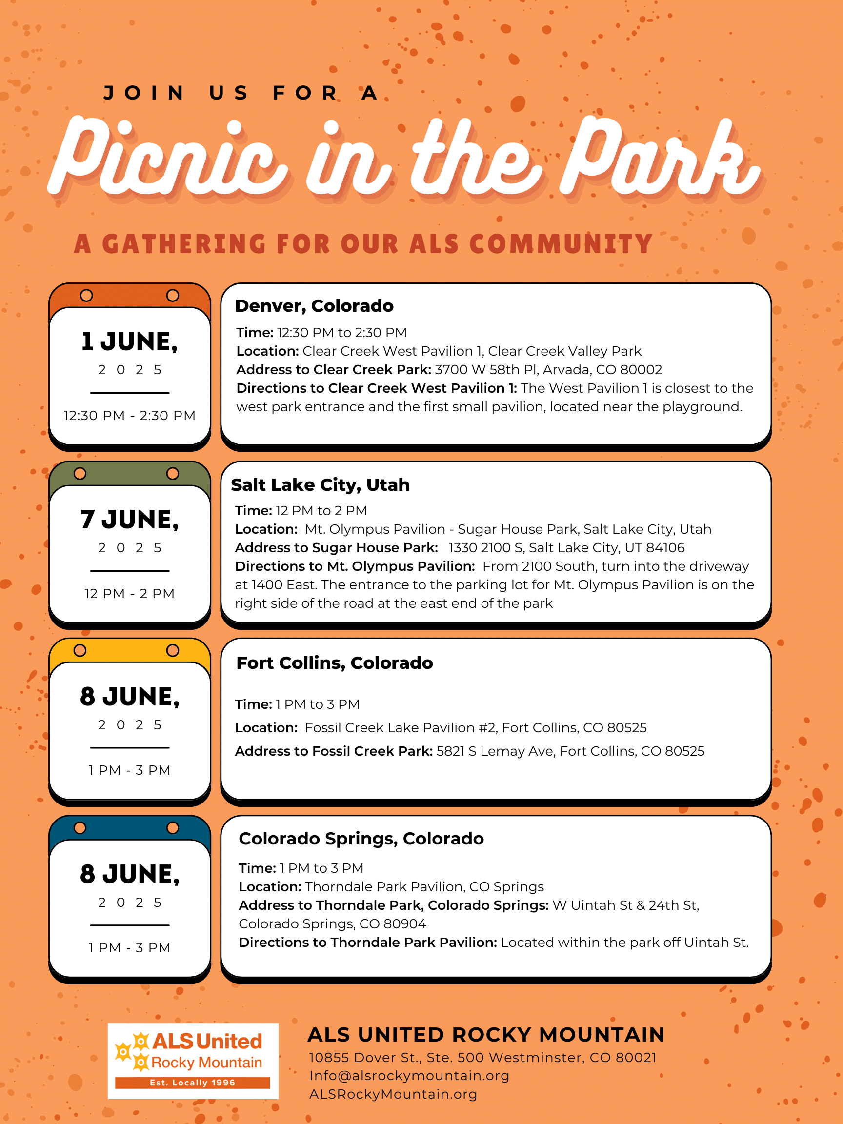 Information on Picnic in the Park events. Please contact us at info@alsrockymoutain.org for more information.